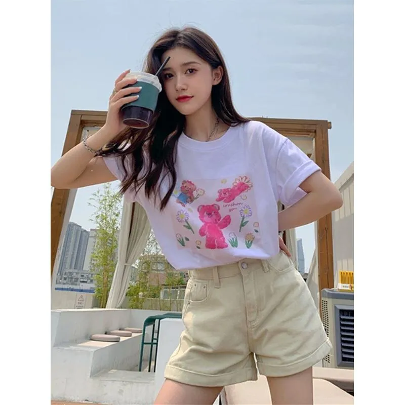 Anti-Aging Navel-Baring Petite Bear Pattern Cropped Short Sleeve Tee