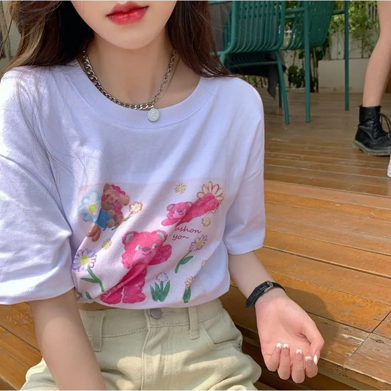 Anti-Aging Navel-Baring Petite Bear Pattern Cropped Short Sleeve Tee