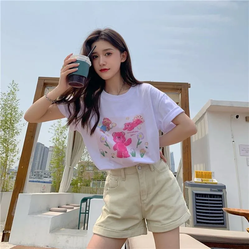 Anti-Aging Navel-Baring Petite Bear Pattern Cropped Short Sleeve Tee