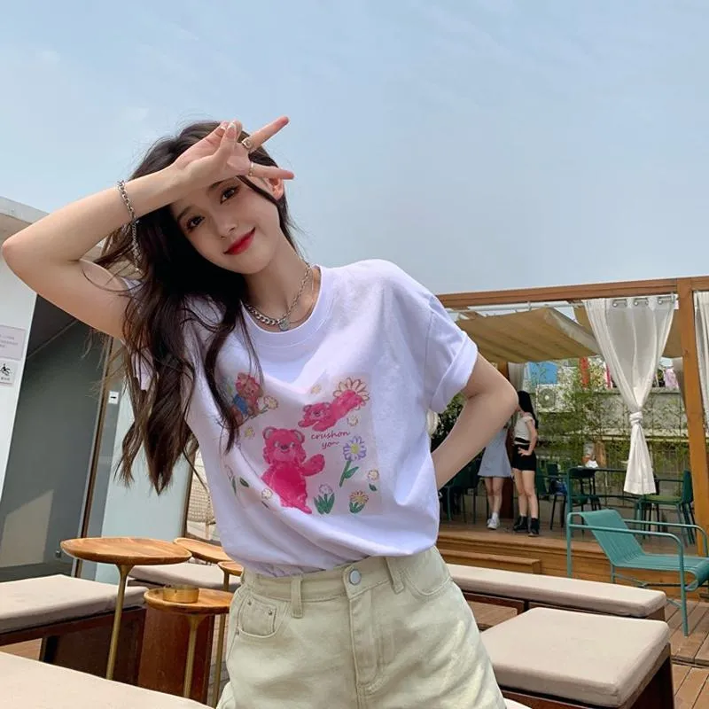 Anti-Aging Navel-Baring Petite Bear Pattern Cropped Short Sleeve Tee