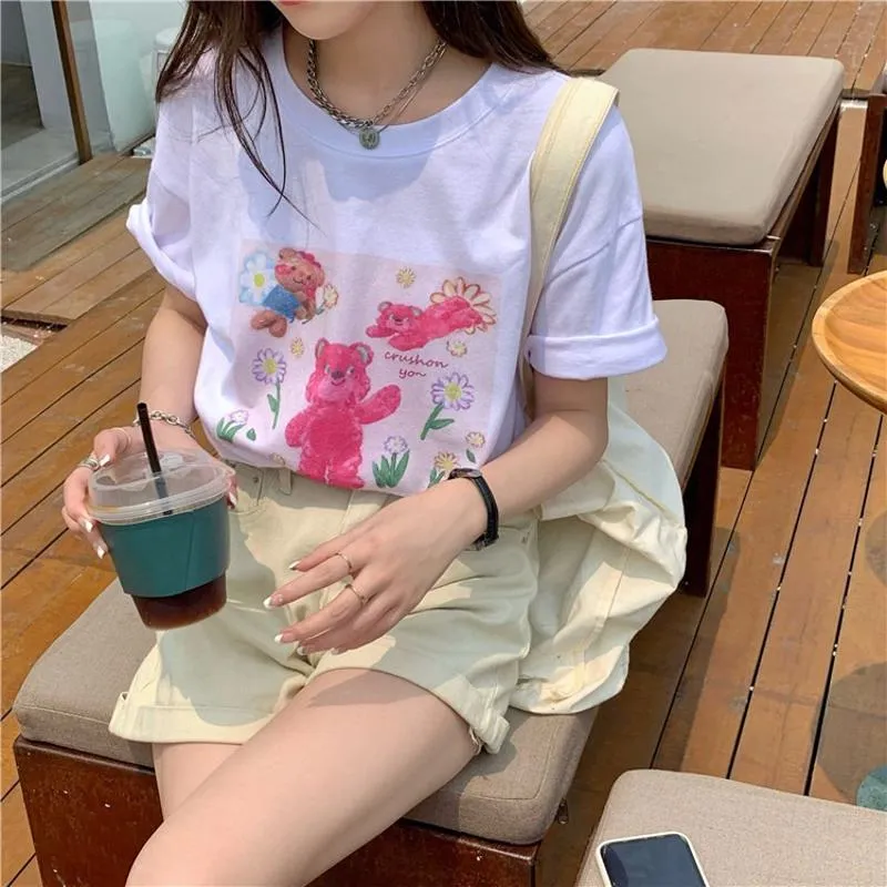 Anti-Aging Navel-Baring Petite Bear Pattern Cropped Short Sleeve Tee