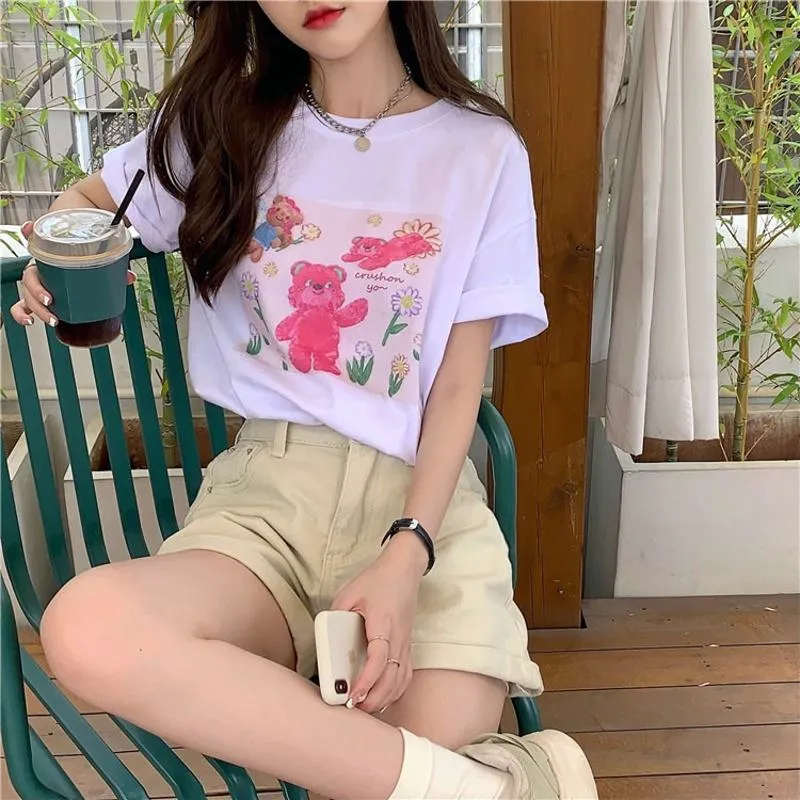 Anti-Aging Navel-Baring Petite Bear Pattern Cropped Short Sleeve Tee