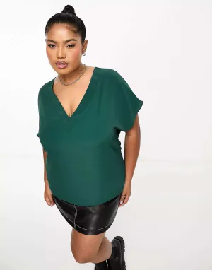 ASOS DESIGN Curve V-neck T-shirt in green woven