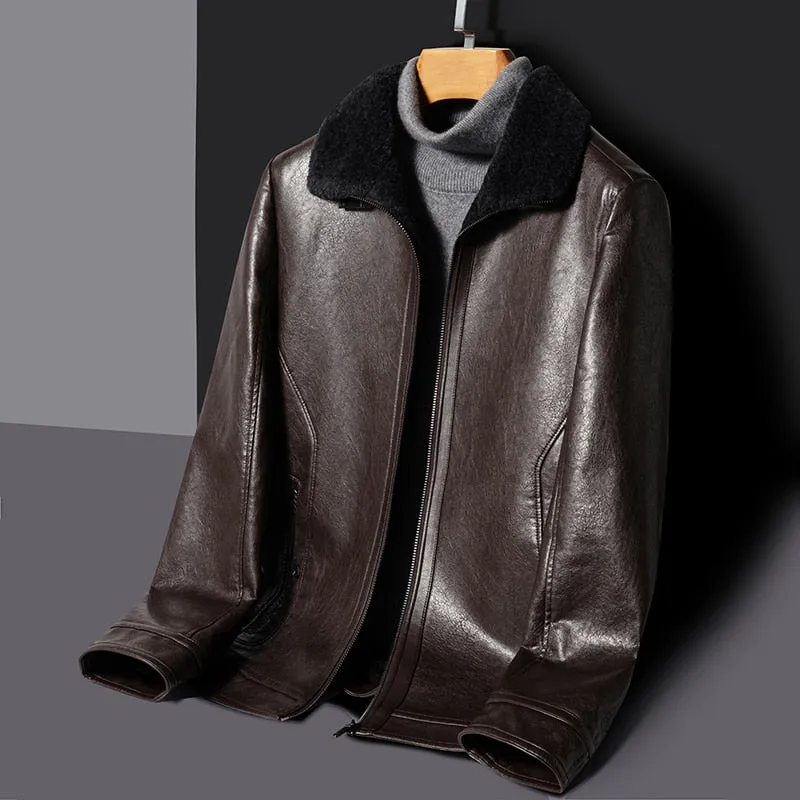 Autumn And Winter Men High-End Natural Leather Coat Lamb Fur Collar Jacket