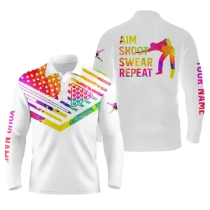 Billiards Long Sleeve Polo Shirts For Men, Women Watercolor American Flag Custom Name Aim Shoot Swear Repeat