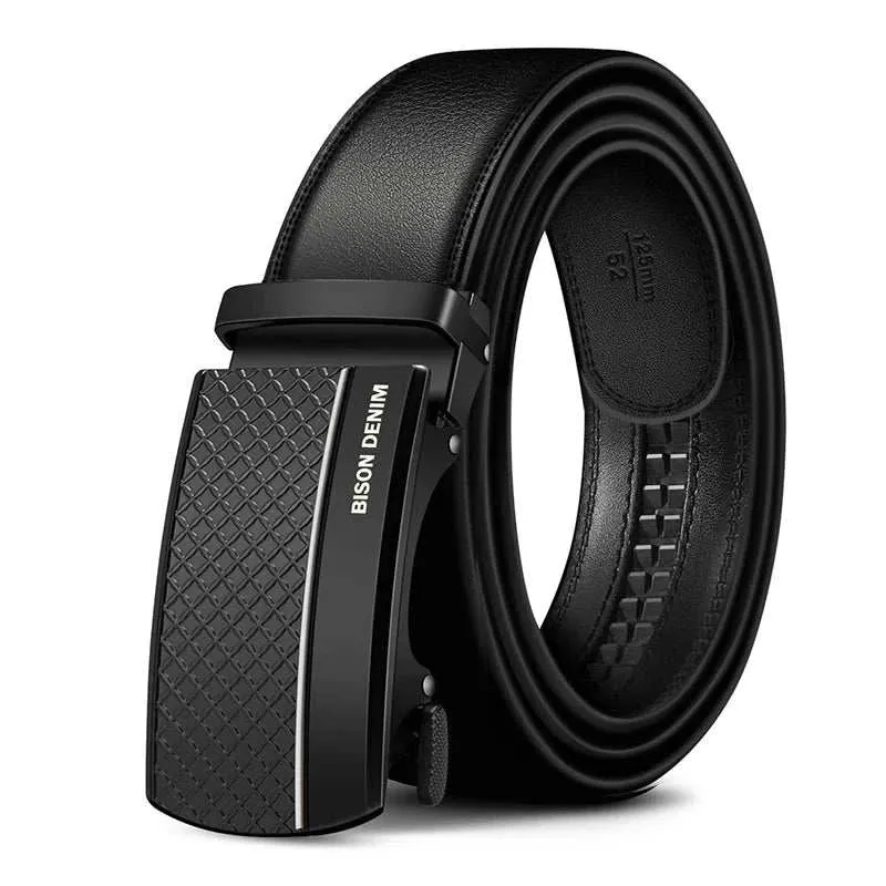 BISON DENIM New Design Carbon Fiber Men Belt Genuine Leather Cowskin Brand Luxury Black Men Strap Automatic Belt Best Men Gift