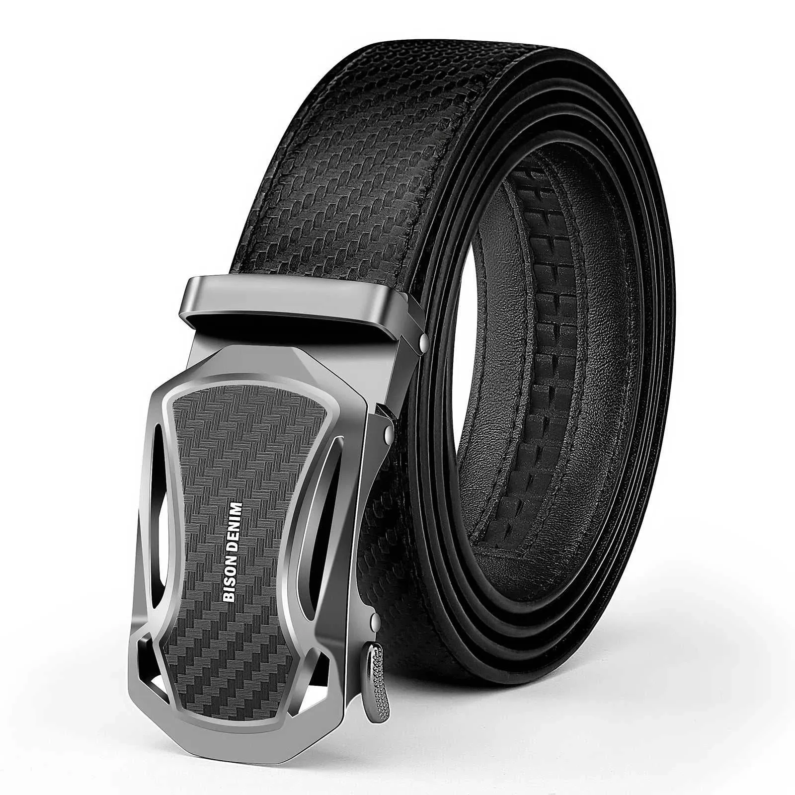 BISON DENIM New Design Carbon Fiber Men Belt Genuine Leather Cowskin Brand Luxury Black Men Strap Automatic Belt Best Men Gift