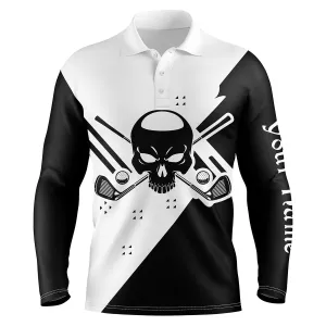 Black & White Long Sleeve Skull Golf Polo Shirts For Men Custom Golf Shirts