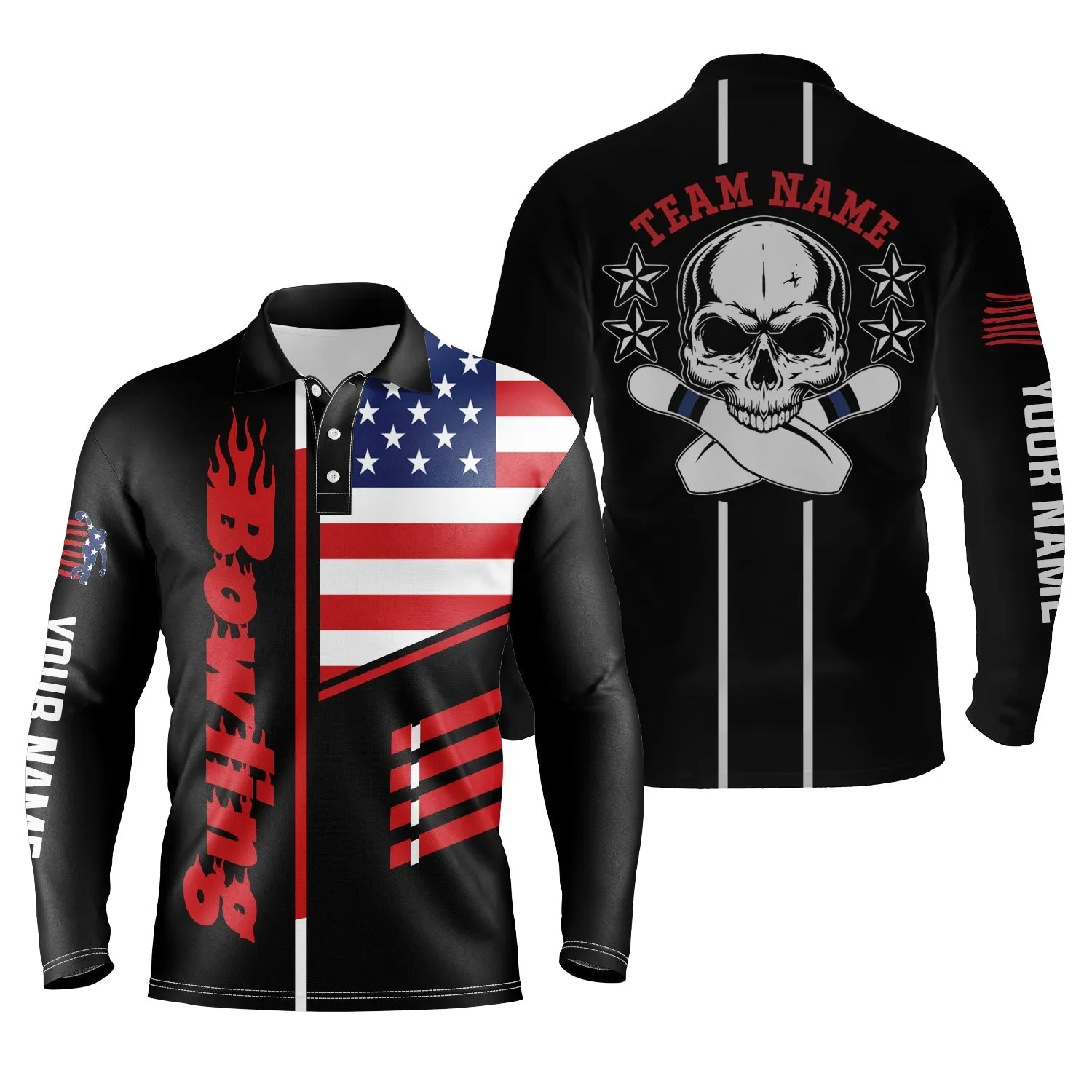 Black Bowling Long Sleeve Polo Shirt Men Bowling Jerseys Personalized American flag skull Bowling Team Shirts