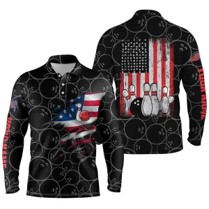 Black Bowling Long Sleeve Polo Shirts For Men Custom Name Vintage American Flag Bowling Jerseys