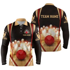 Black Vintage Bowling Shirts For Men Custom Name And Team Name Long Sleeve Polo Shirt, Bowling Team Shirts