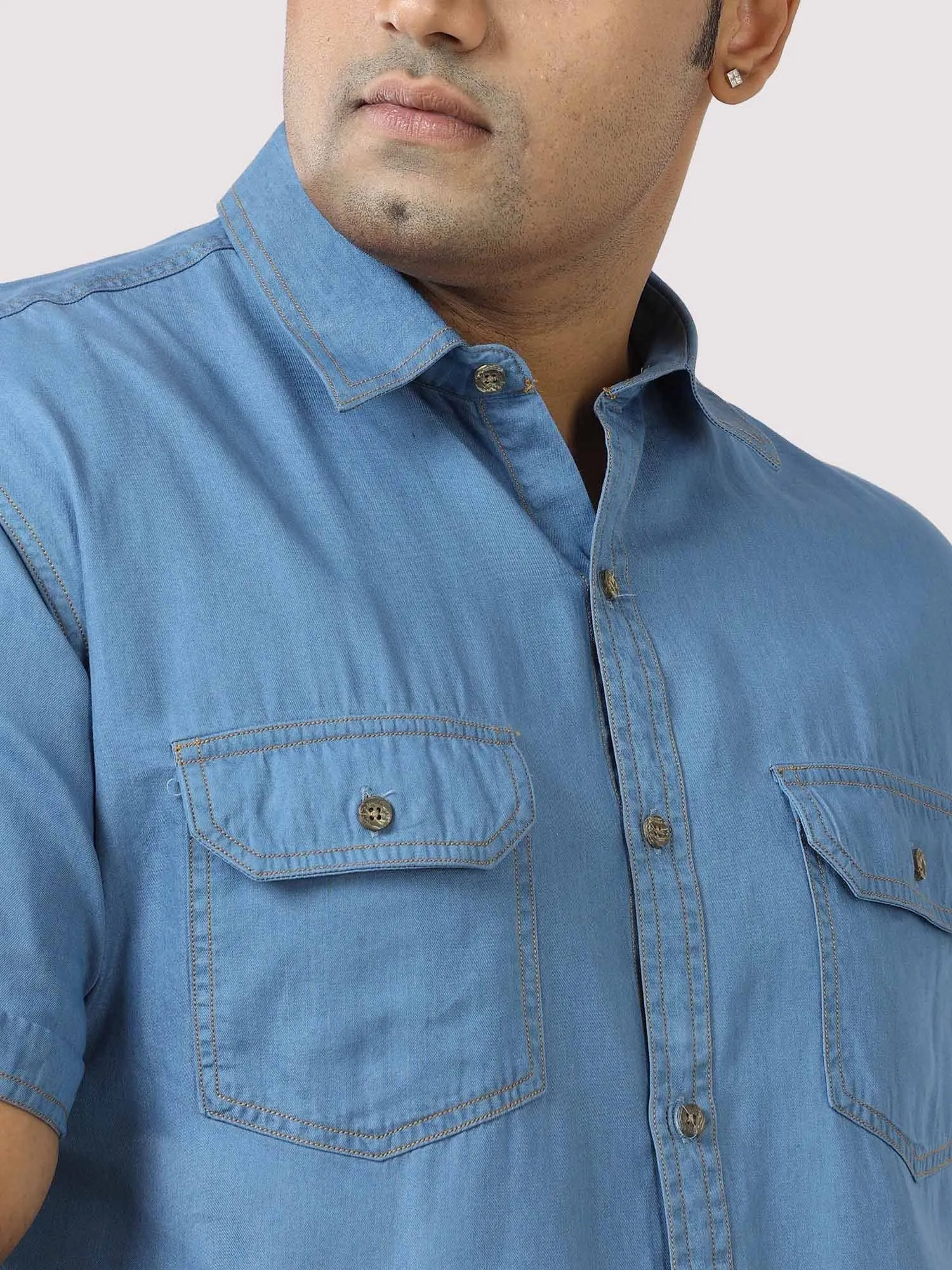 Blue Denim Double Pocket Half Sleeve Shirt Men's Plus Size