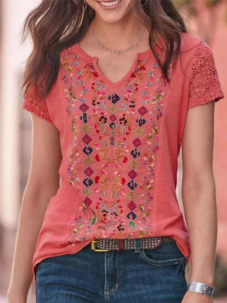 Bohemian Retro Casual Loose Floral T-Shirt Top