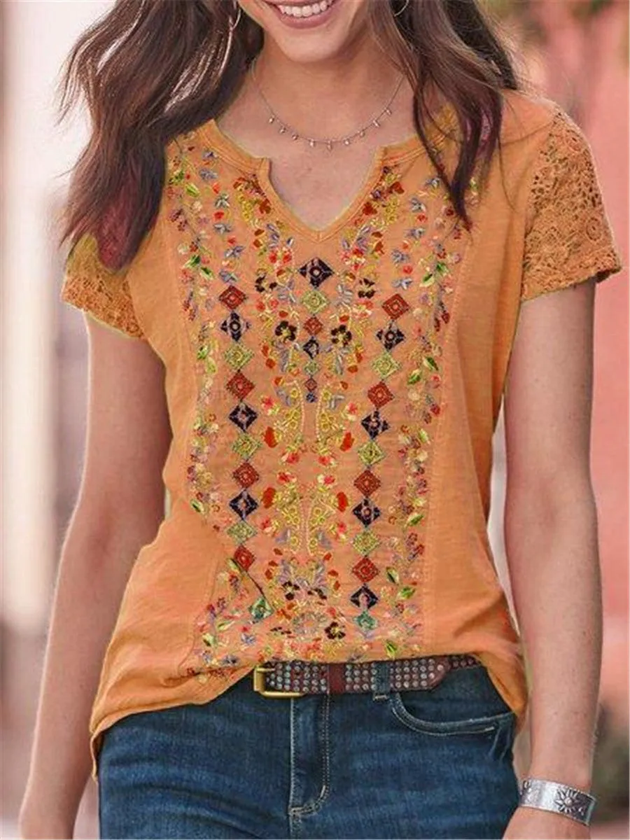 Bohemian Retro Casual Loose Floral T-Shirt Top