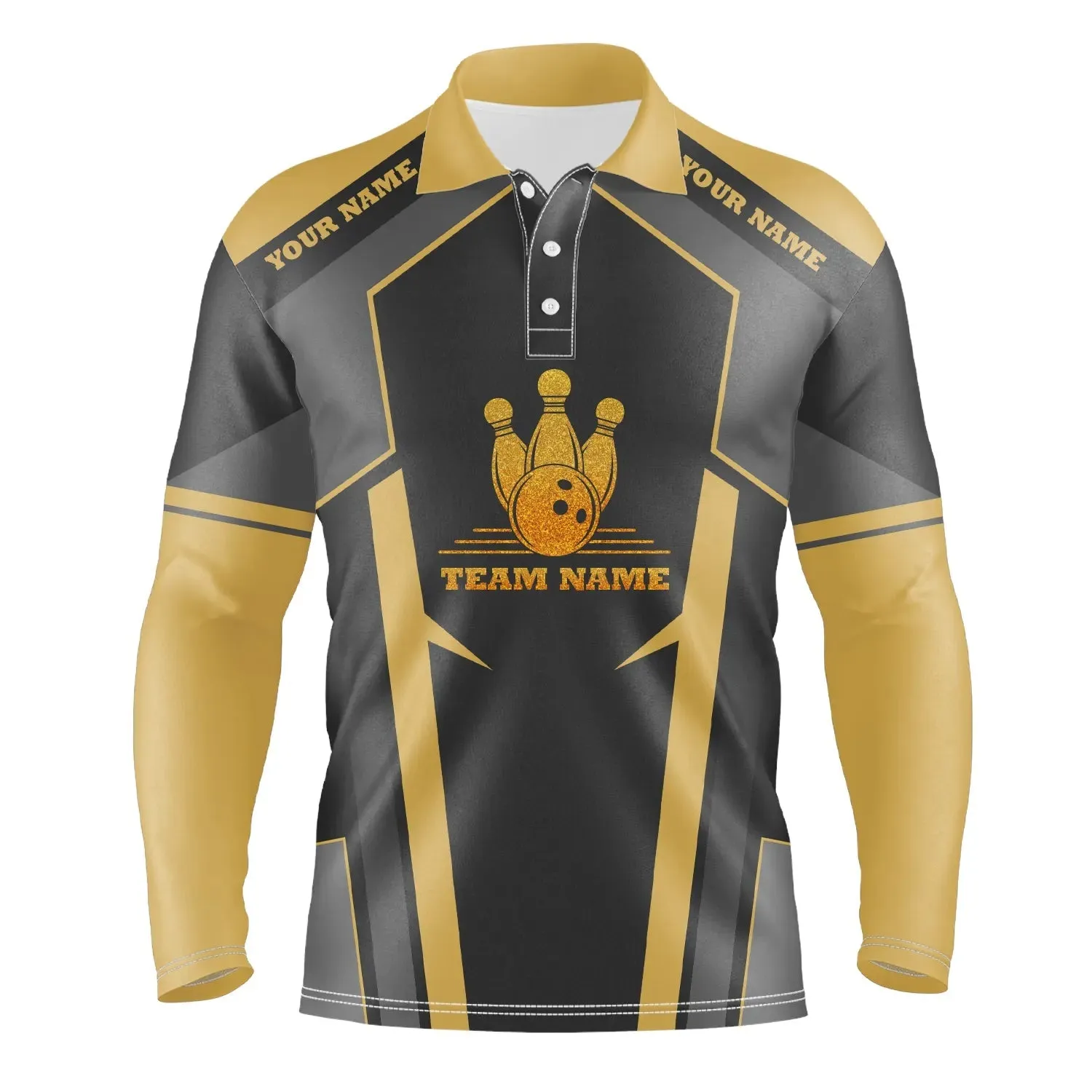 Bowling Long Sleeve Polo Shirts For Men Custom Bowling Team Jerseys, Bowling Gifts For Bowlers Yellow