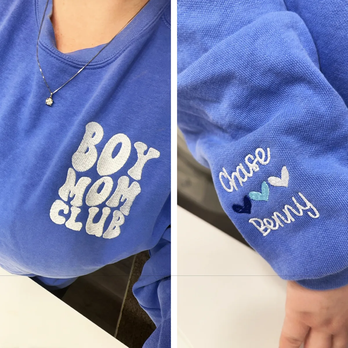 Boy Mom Club Sweatshirt or T-Shirt with Embroidered Kids Names on Sleeve