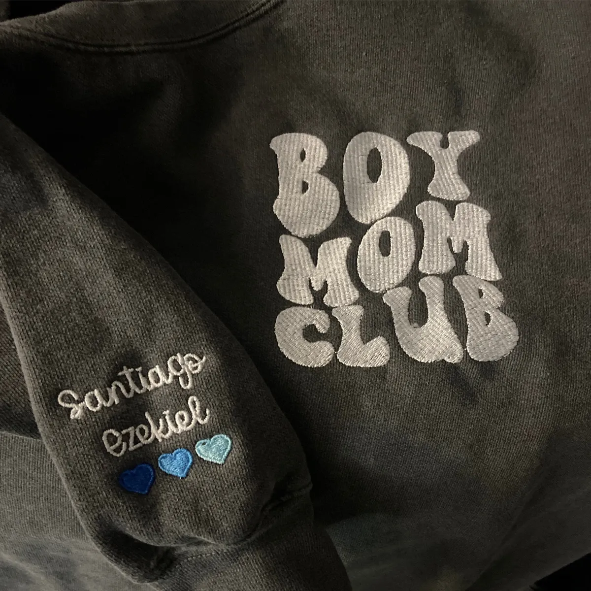 Boy Mom Club Sweatshirt or T-Shirt with Embroidered Kids Names on Sleeve