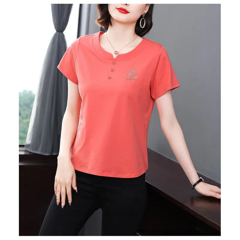 Button Pullover Loose Fit Pure Cotton Embroidery Short Sleeve Tee