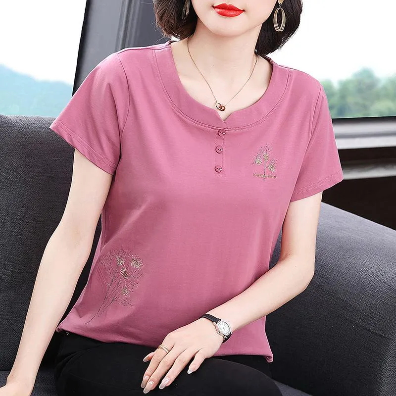 Button Pullover Loose Fit Pure Cotton Embroidery Short Sleeve Tee