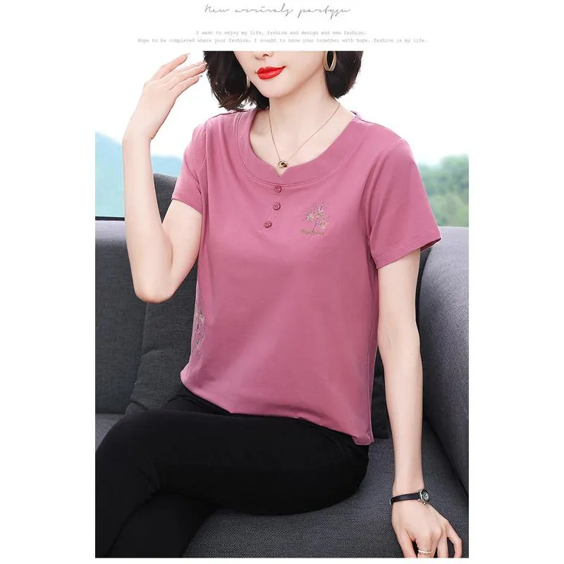 Button Pullover Loose Fit Pure Cotton Embroidery Short Sleeve Tee