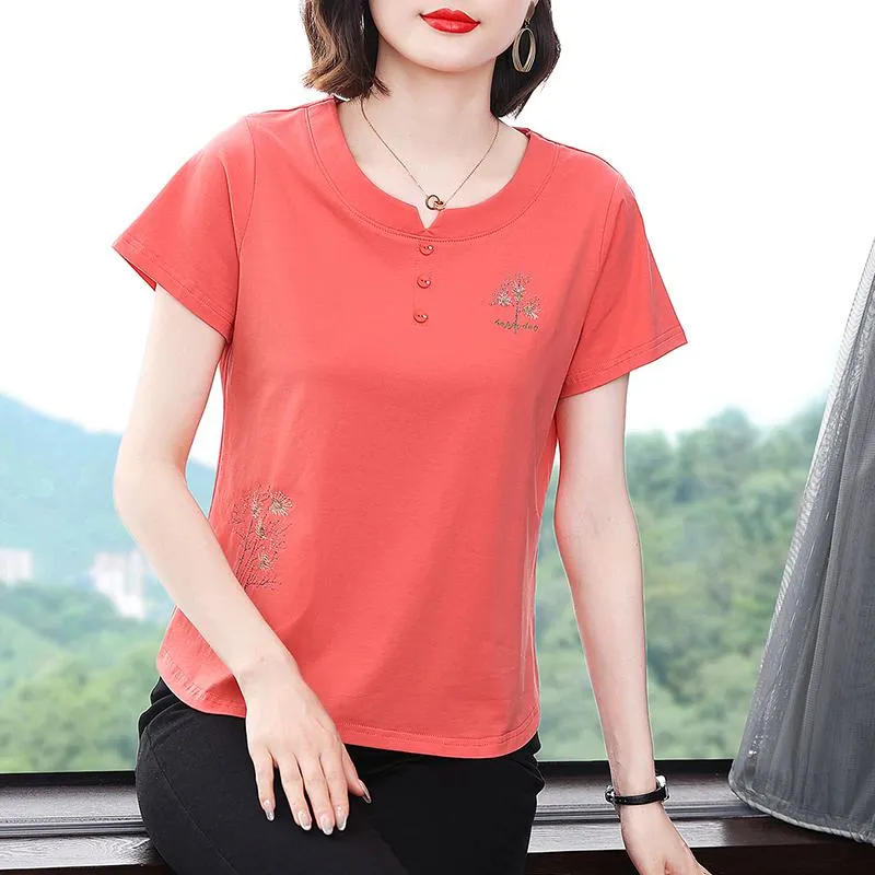 Button Pullover Loose Fit Pure Cotton Embroidery Short Sleeve Tee