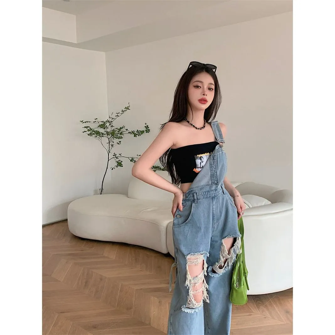 Denim Overalls Workwear Distressed Straight Thin Loose Fit Jeans