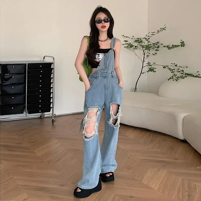 Denim Overalls Workwear Distressed Straight Thin Loose Fit Jeans