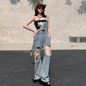 Denim Overalls Workwear Distressed Straight Thin Loose Fit Jeans