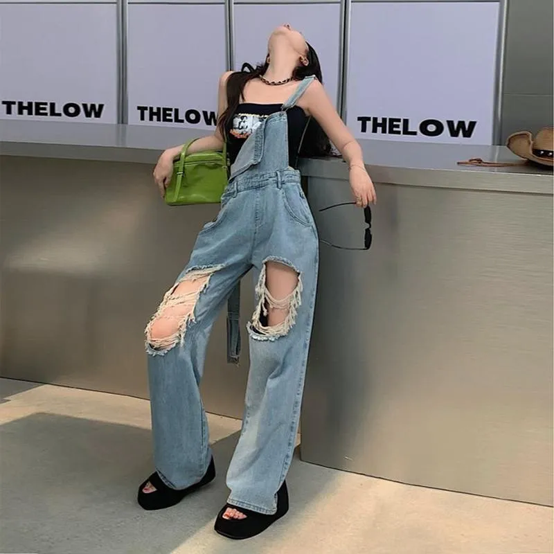 Denim Overalls Workwear Distressed Straight Thin Loose Fit Jeans