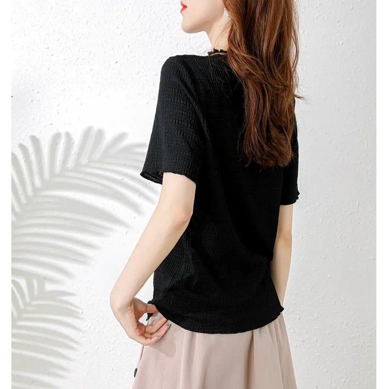 Elasticity Slimming Breathable Half-High Collar Wood Ear Versatile Short Sleeve Tee