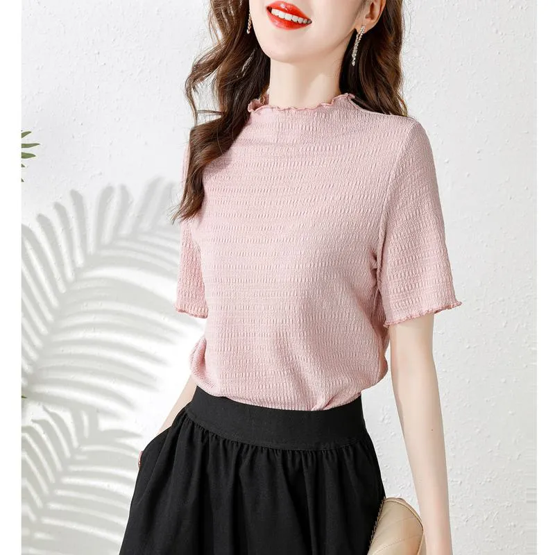 Elasticity Slimming Breathable Half-High Collar Wood Ear Versatile Short Sleeve Tee