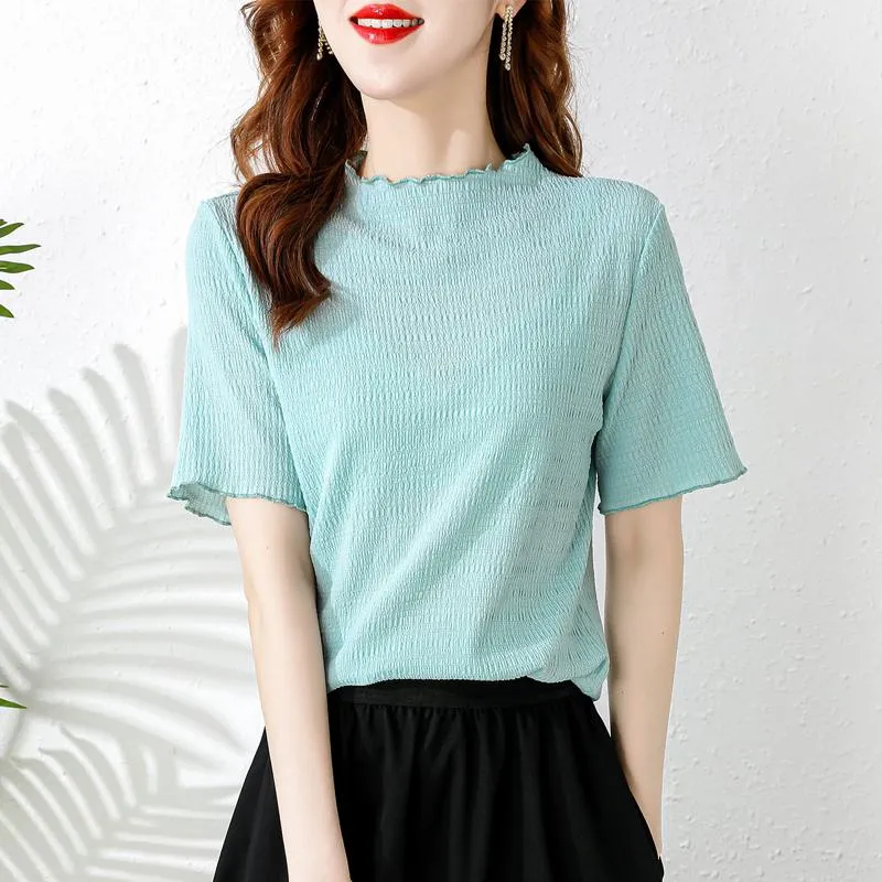 Elasticity Slimming Breathable Half-High Collar Wood Ear Versatile Short Sleeve Tee