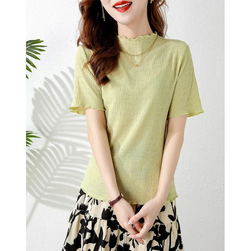 Elasticity Slimming Breathable Half-High Collar Wood Ear Versatile Short Sleeve Tee