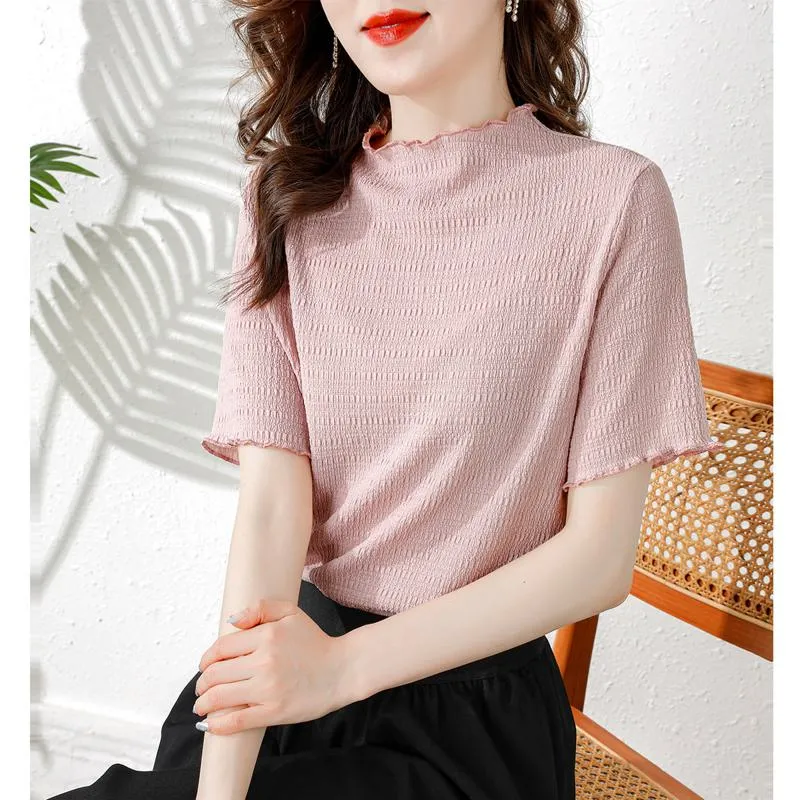 Elasticity Slimming Breathable Half-High Collar Wood Ear Versatile Short Sleeve Tee