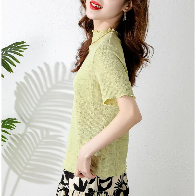 Elasticity Slimming Breathable Half-High Collar Wood Ear Versatile Short Sleeve Tee