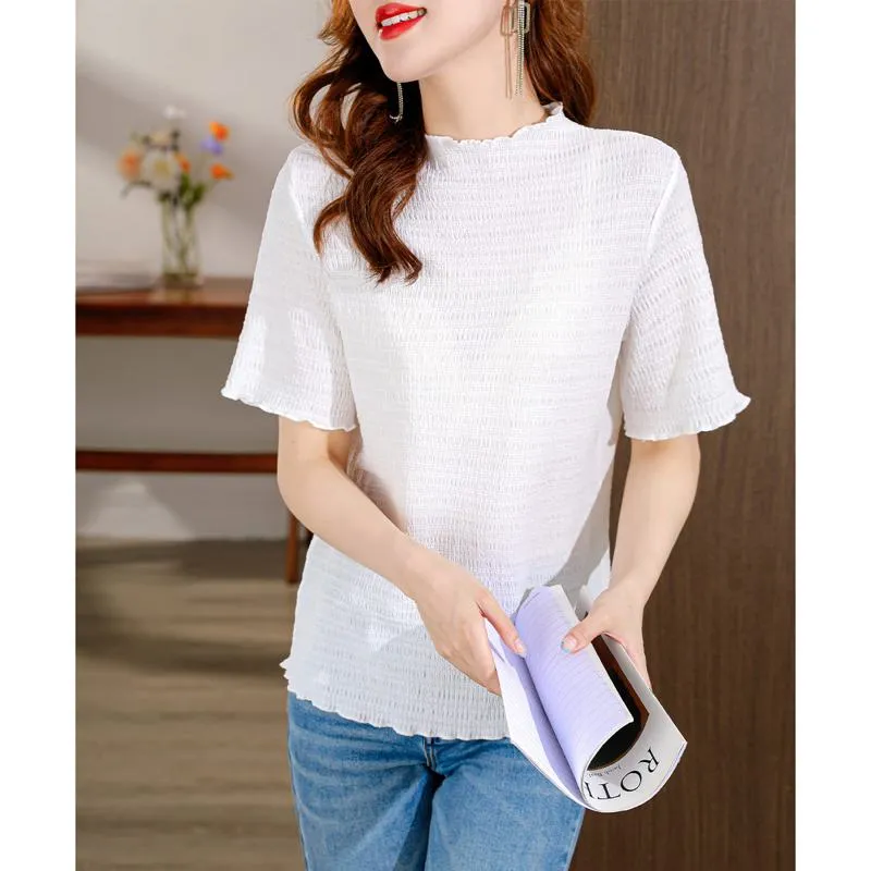 Elasticity Slimming Breathable Half-High Collar Wood Ear Versatile Short Sleeve Tee