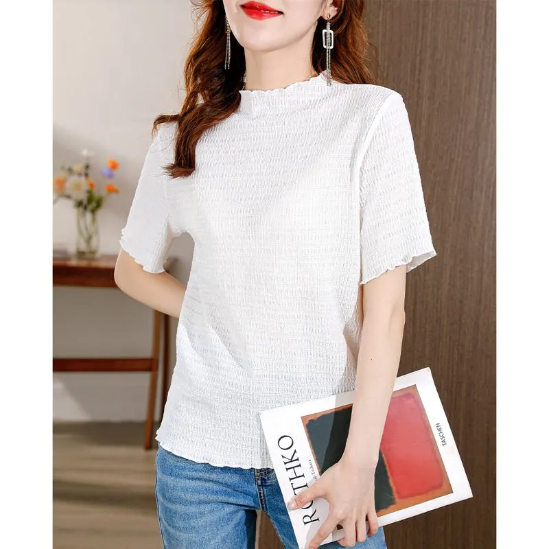 Elasticity Slimming Breathable Half-High Collar Wood Ear Versatile Short Sleeve Tee