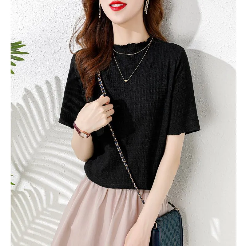 Elasticity Slimming Breathable Half-High Collar Wood Ear Versatile Short Sleeve Tee