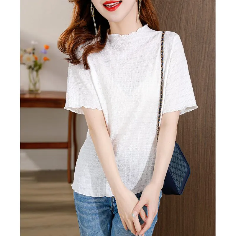 Elasticity Slimming Breathable Half-High Collar Wood Ear Versatile Short Sleeve Tee