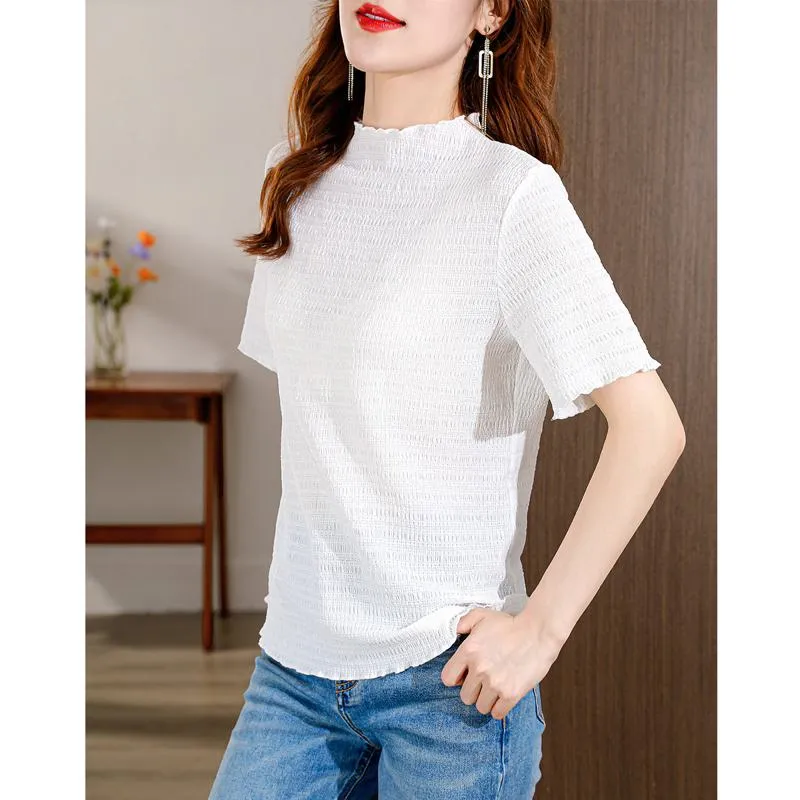 Elasticity Slimming Breathable Half-High Collar Wood Ear Versatile Short Sleeve Tee