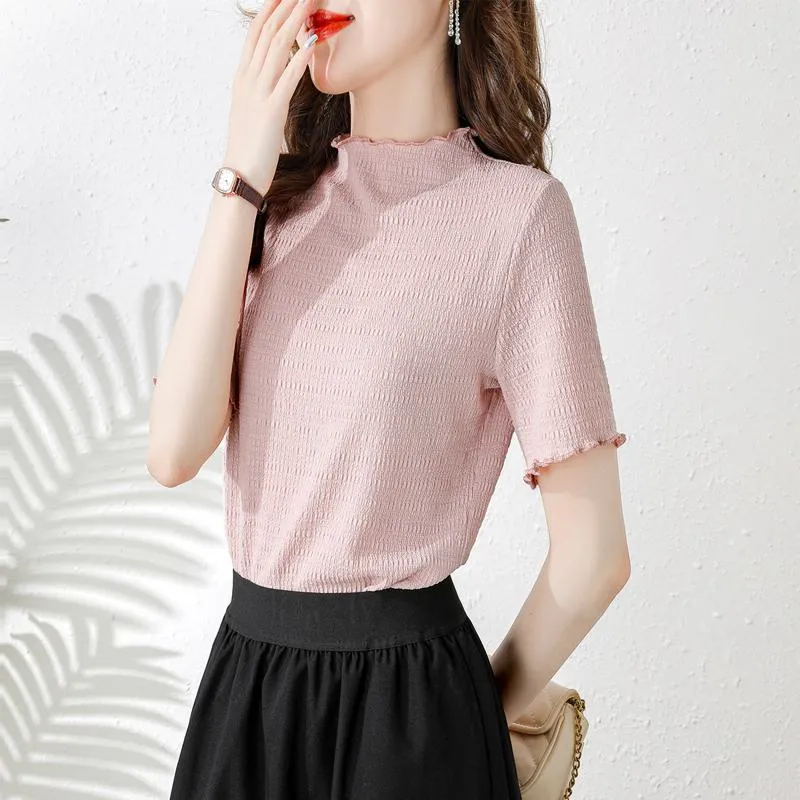 Elasticity Slimming Breathable Half-High Collar Wood Ear Versatile Short Sleeve Tee