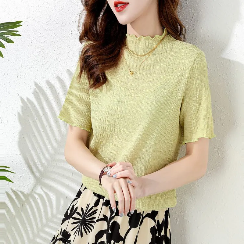 Elasticity Slimming Breathable Half-High Collar Wood Ear Versatile Short Sleeve Tee