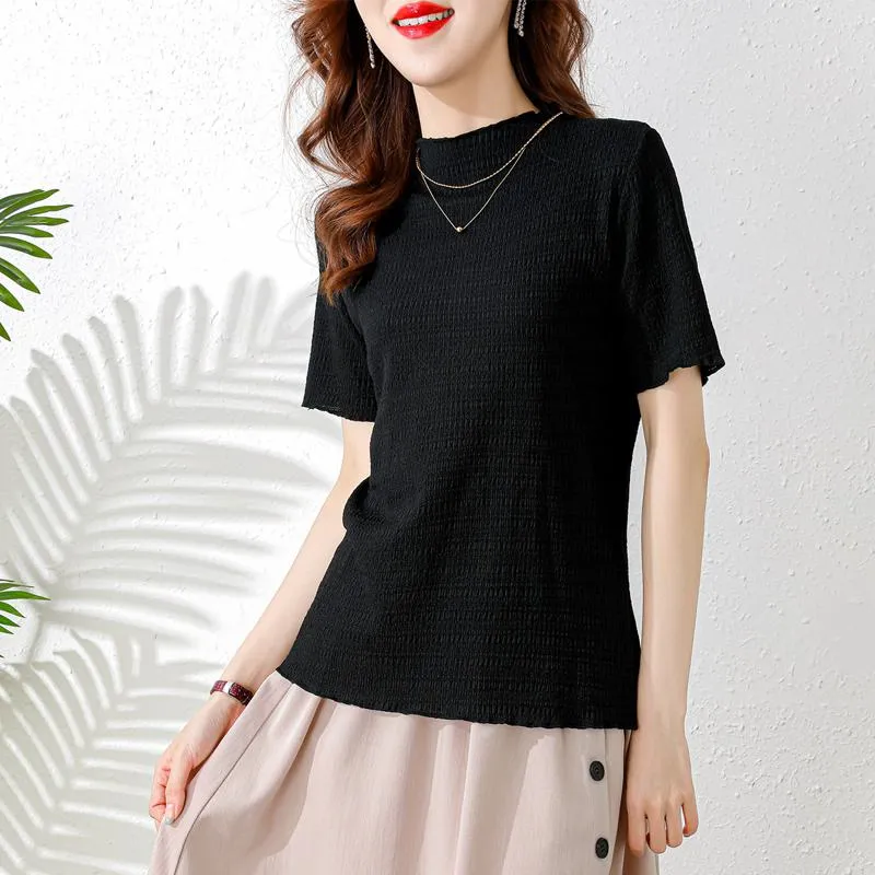 Elasticity Slimming Breathable Half-High Collar Wood Ear Versatile Short Sleeve Tee