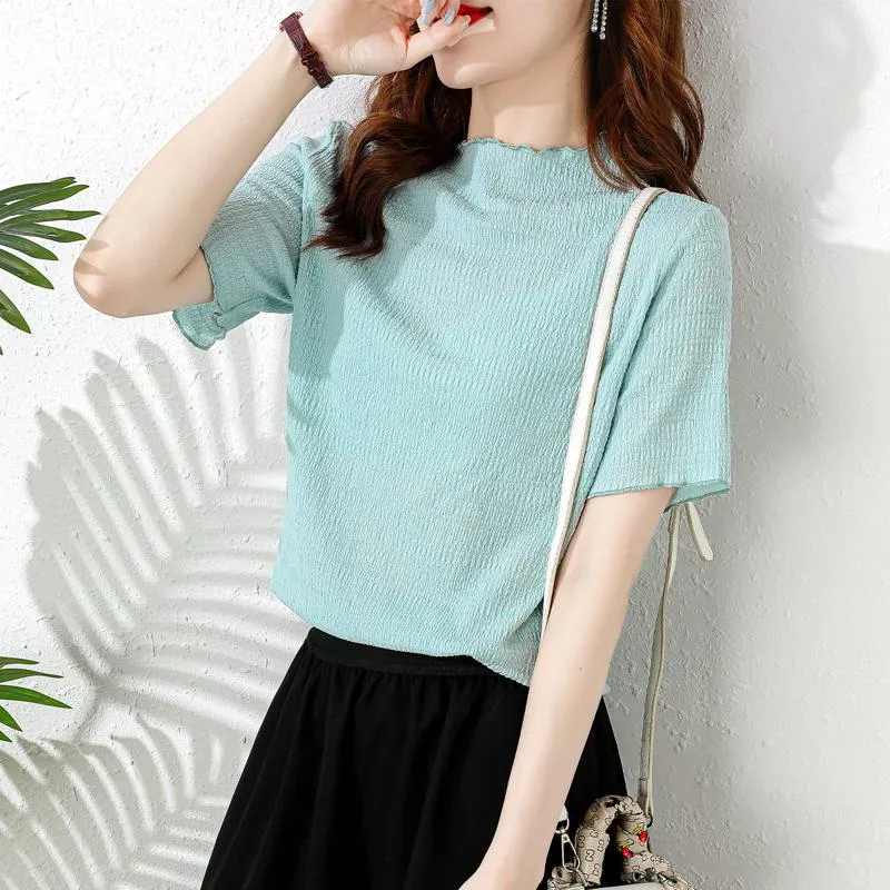 Elasticity Slimming Breathable Half-High Collar Wood Ear Versatile Short Sleeve Tee