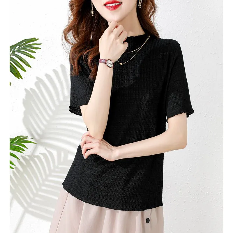 Elasticity Slimming Breathable Half-High Collar Wood Ear Versatile Short Sleeve Tee