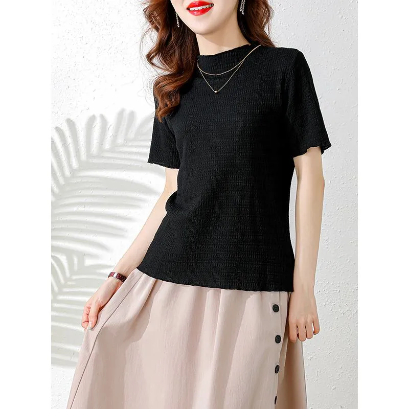 Elasticity Slimming Breathable Half-High Collar Wood Ear Versatile Short Sleeve Tee