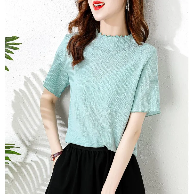 Elasticity Slimming Breathable Half-High Collar Wood Ear Versatile Short Sleeve Tee