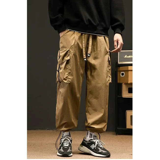 Elasticity Solid Color Tapered Versatile Bellows Pocket Loose Fit Cargo Pants