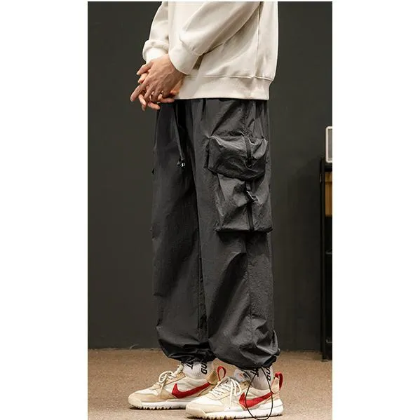 Elasticity Solid Color Tapered Versatile Bellows Pocket Loose Fit Cargo Pants