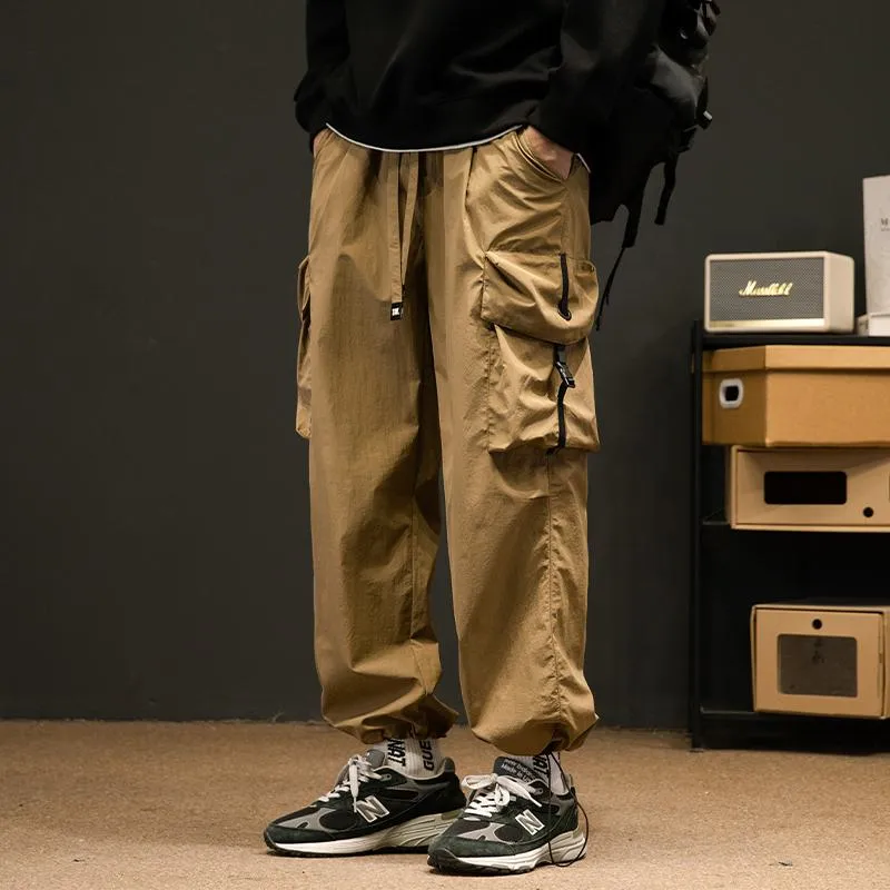 Elasticity Solid Color Tapered Versatile Bellows Pocket Loose Fit Cargo Pants